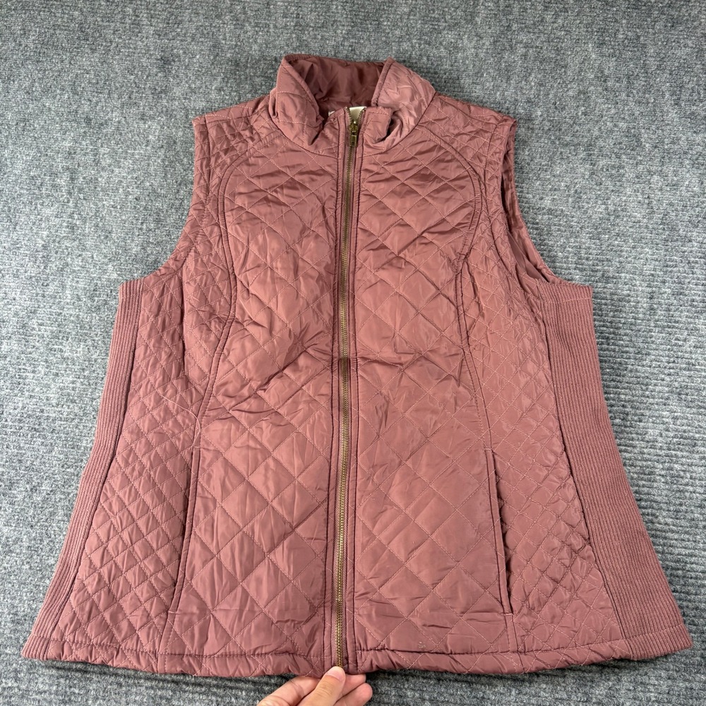 Adrienne Vittadini Womens XL Quilted Vest Dusty Rose Full Zip Ribbed Sides 4691
